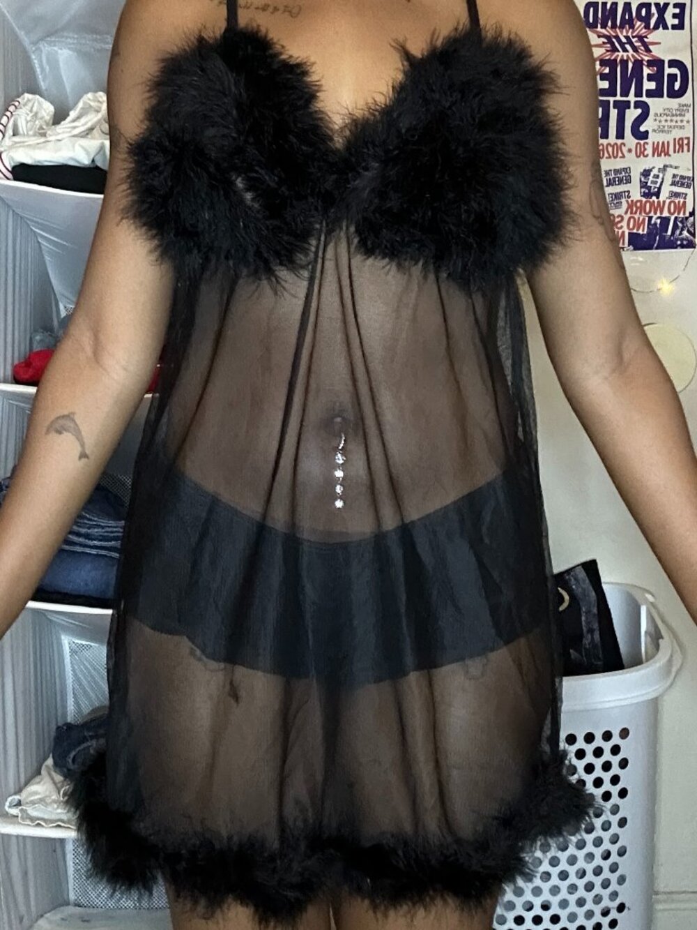 Sheer Black Feather-Trim Chemise Slip